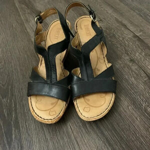 Born black leather espadrilles cork wedge sandals buckle | size 9M